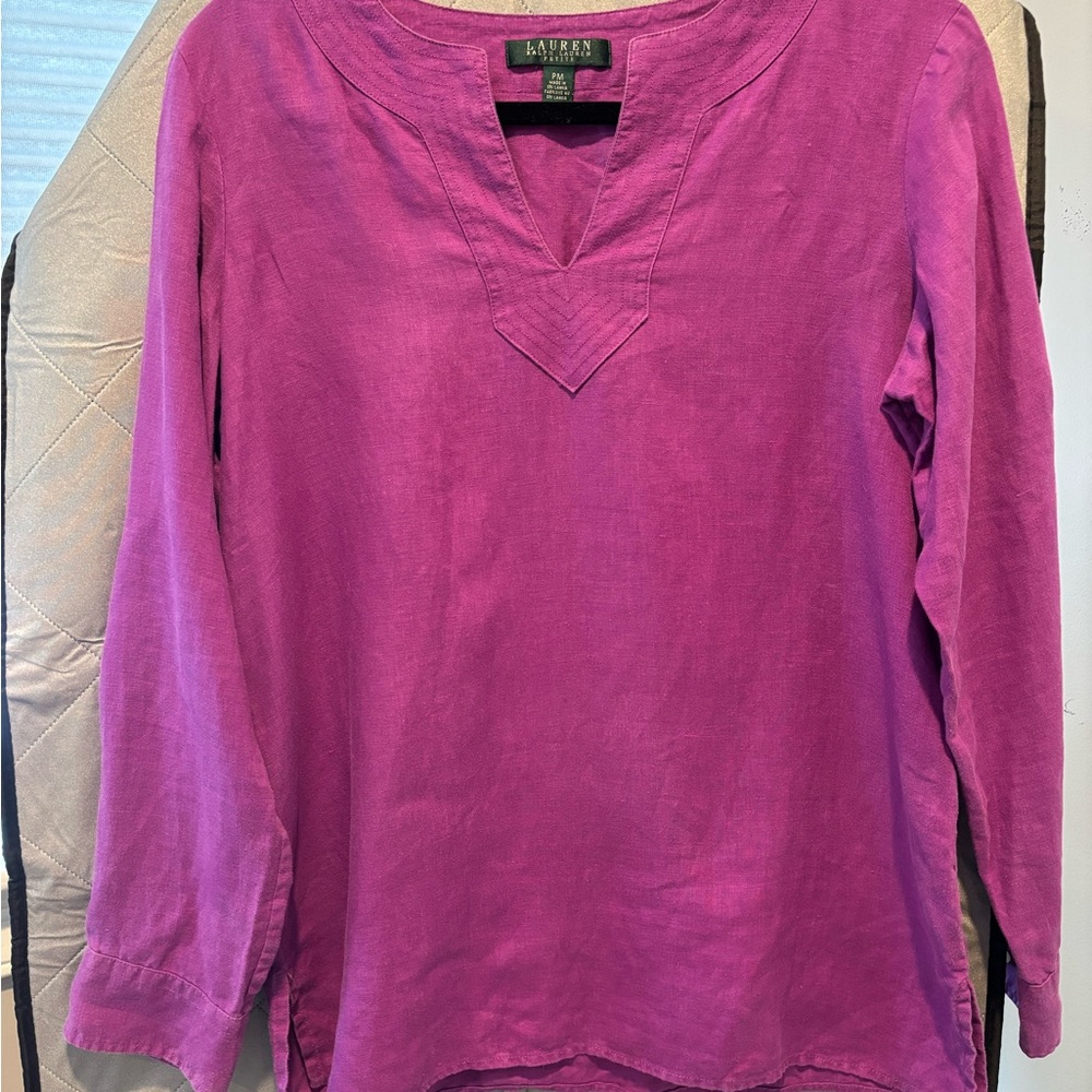Lauren Ralph Lauren 100% Linen Tunic Blouse preppy coastal